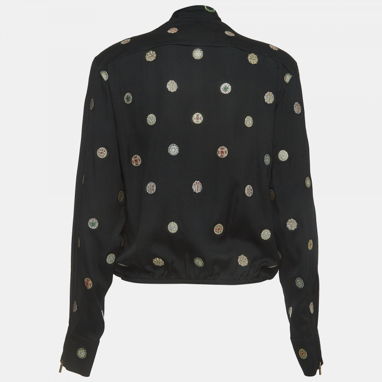 Pre Owned Chanel Black Patterned Silk Zip Front Neck Tie Blouse S