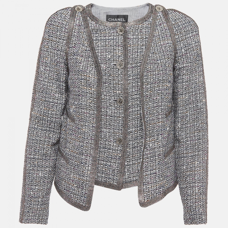 Pre Owned Chanel Black/Multicolor Tweed Crystal Trimmed Jacket S
