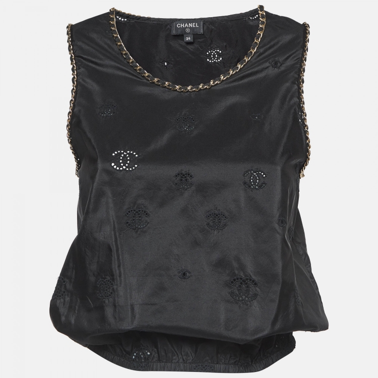 Pre Owned Chanel Black Logo Embroidered Silk Chain Embellished Top S