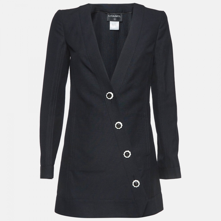 Pre Owned Chanel Black Cotton Blend Asymmetric Buttoned Long Jacket M