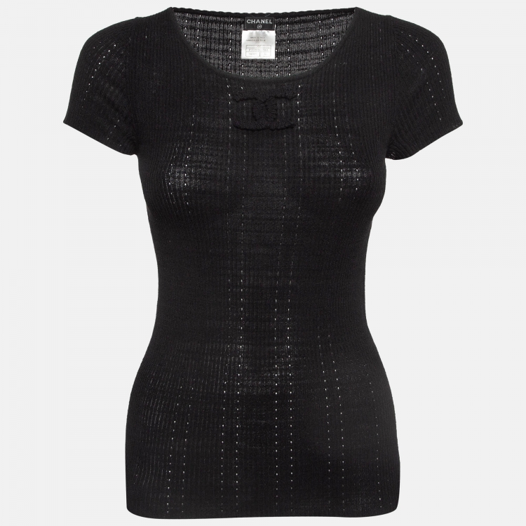 Pre Owned Chanel Black Logo Embroidered Rib Knit Top S
