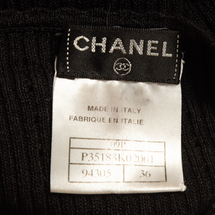 Pre Owned Chanel Black Logo Embroidered Rib Knit Top S