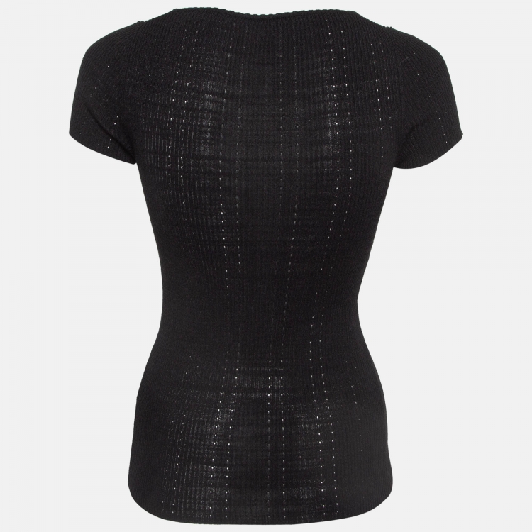 Pre Owned Chanel Black Logo Embroidered Rib Knit Top S