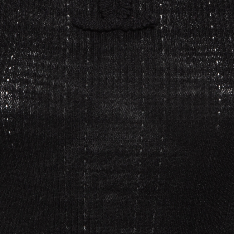 Pre Owned Chanel Black Logo Embroidered Rib Knit Top S