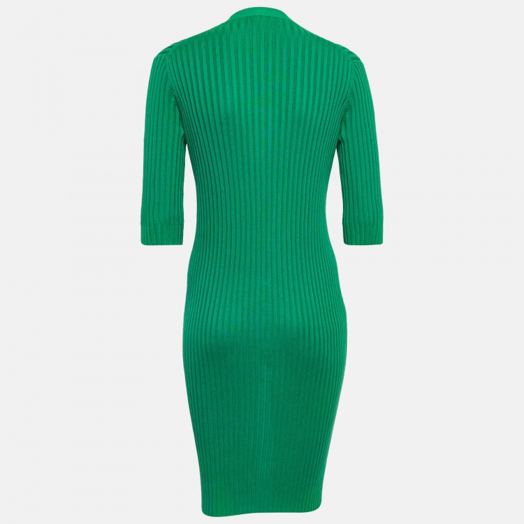 Pre Owned Chanel Green Rib Knit Buttoned Midi Dress S
