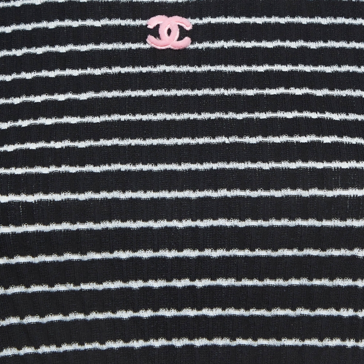 Pre Owned Chanel Black Striped Knit Logo T-Shirt S