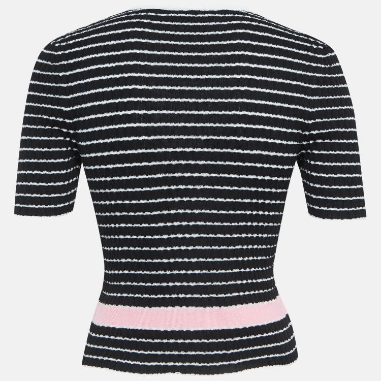Pre Owned Chanel Black Striped Knit Logo T-Shirt S