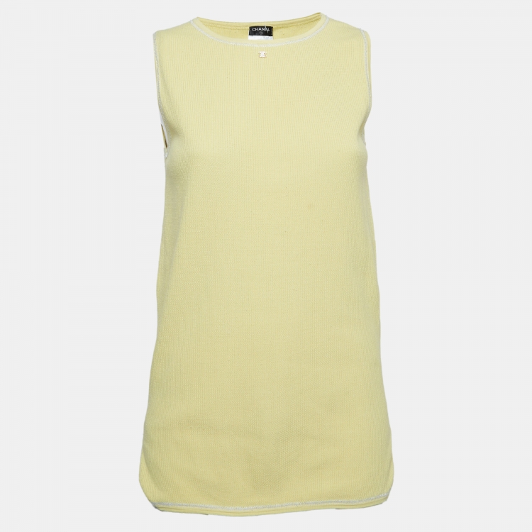Pre Owned Chanel Yellow Knit Logo Sleeveless Top L