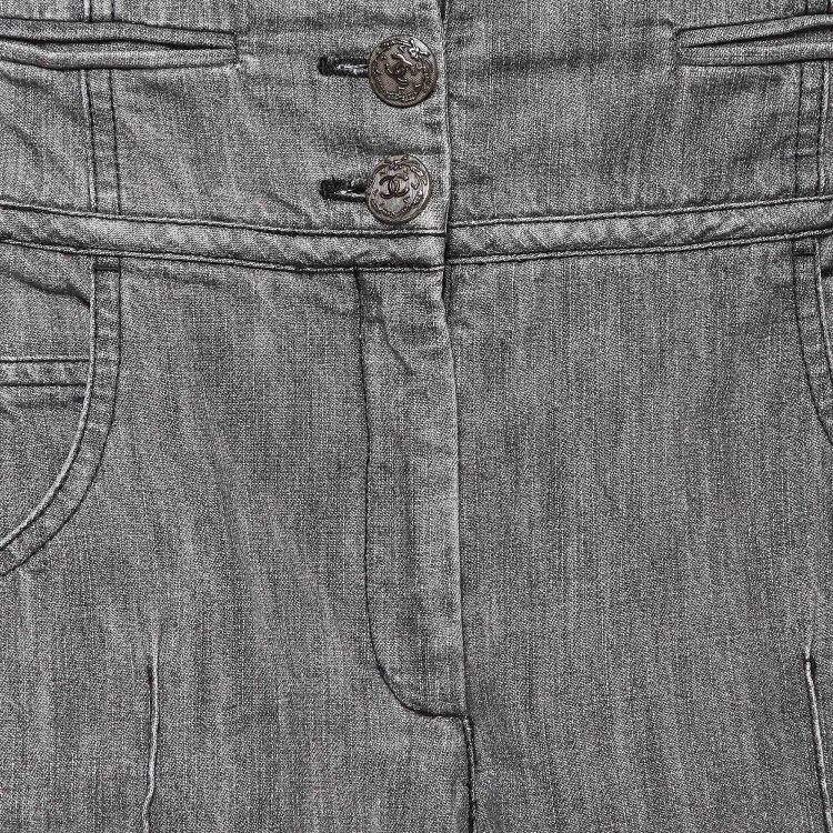 Pre Owned Chanel Grey Denim Distressed Hem High Rise Jeans M Waist 38"