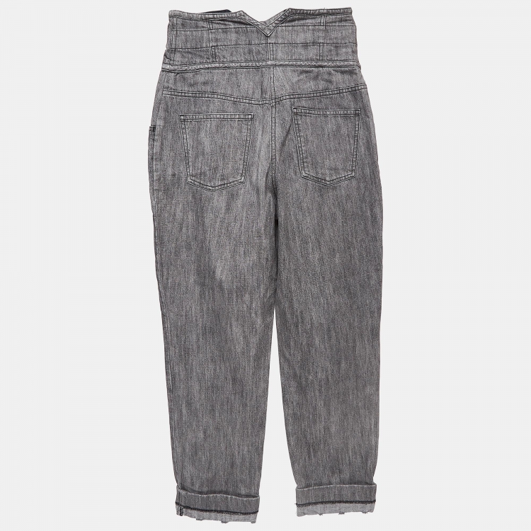 Pre Owned Chanel Grey Denim Distressed Hem High Rise Jeans M Waist 38"