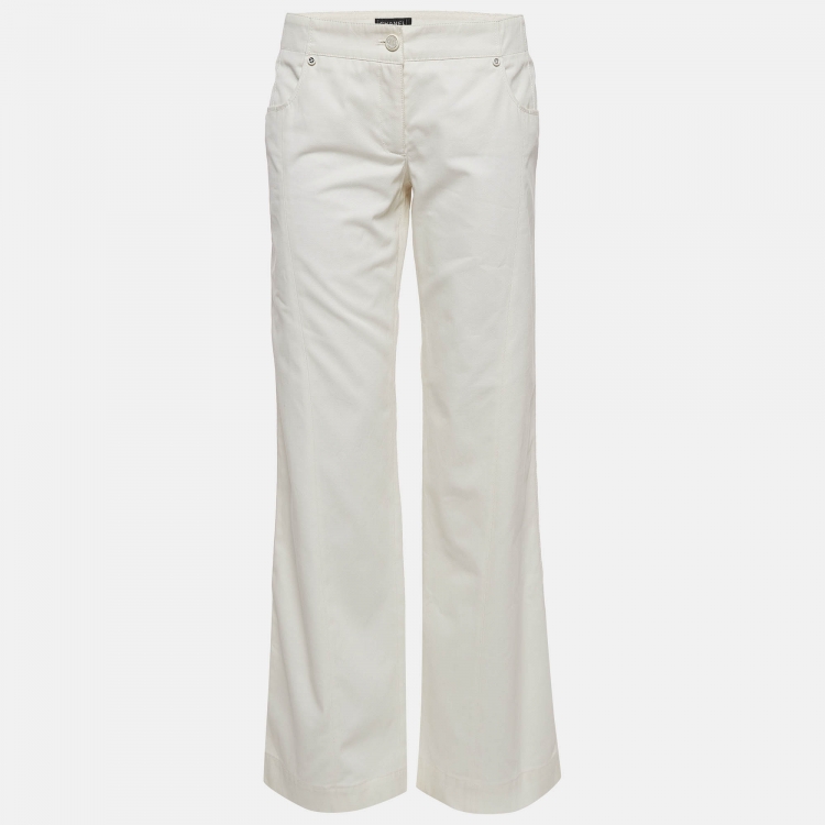 Pre Owned Chanel Off-White Cotton Wide-Leg Trousers M