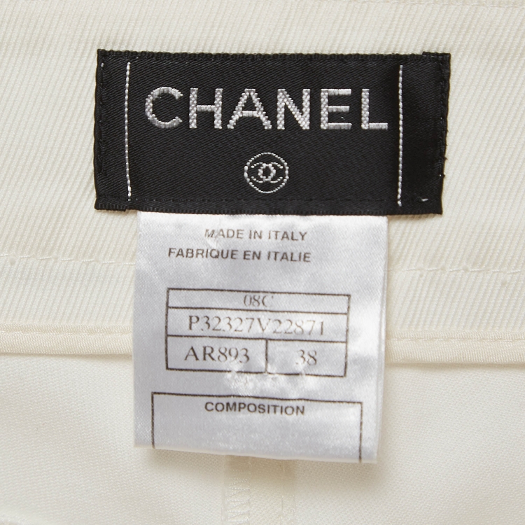Pre Owned Chanel Off-White Cotton Wide-Leg Trousers M