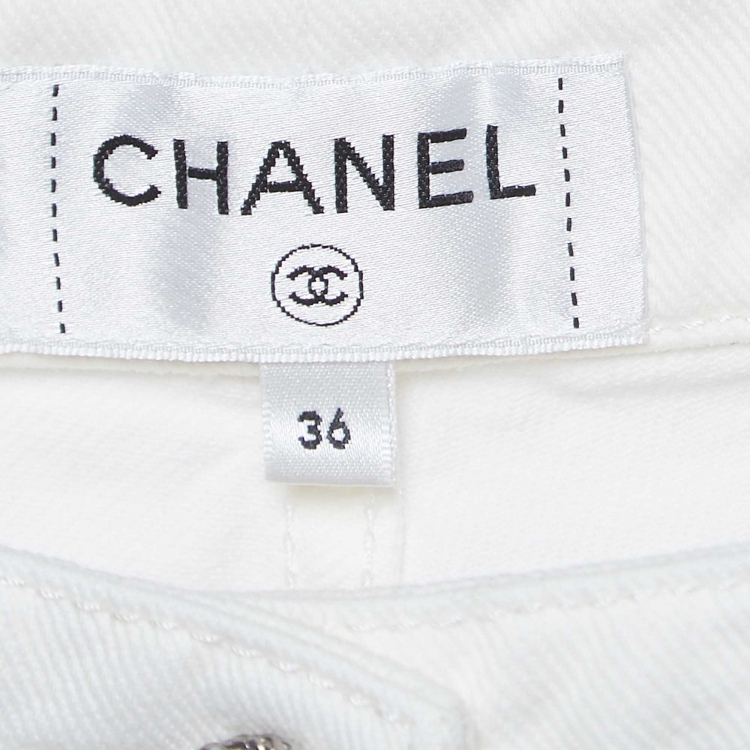 Pre Owned Chanel White Denim Ruffled Hem High Rise Jeans S Waist 27"