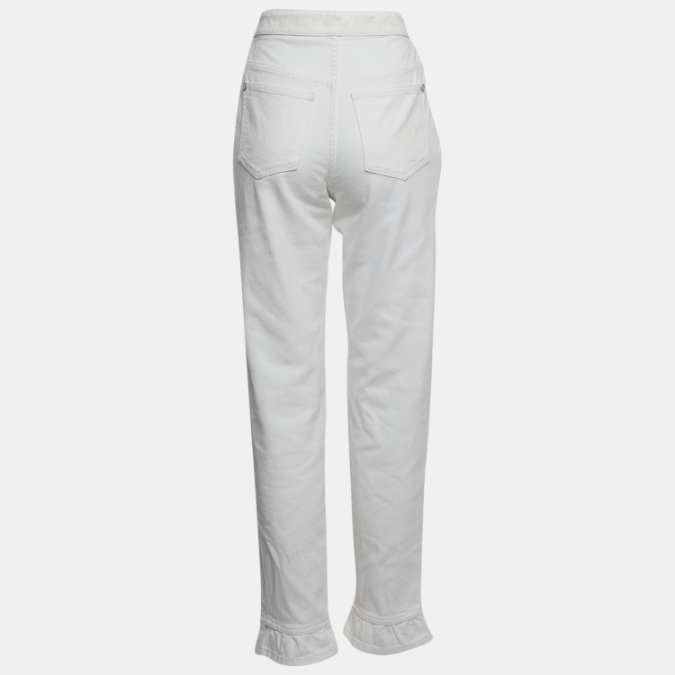 Pre Owned Chanel White Denim Ruffled Hem High Rise Jeans S Waist 27"