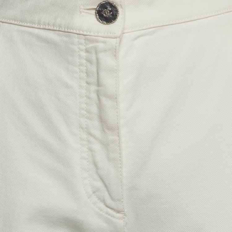 Pre Owned Chanel White Denim Ruffled Hem High Rise Jeans S Waist 27"