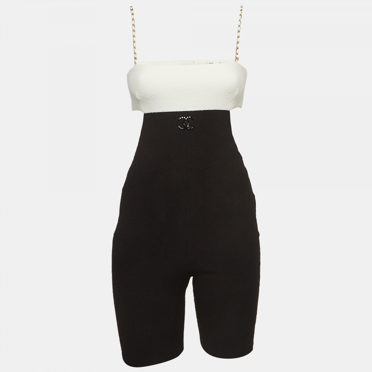 Pre Owned Chanel Black & White Logo Detail Terry Sleeveless Playsuit S