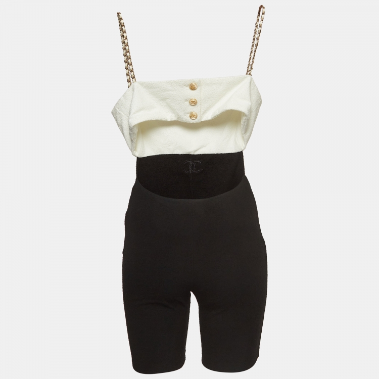 Pre Owned Chanel Black & White Logo Detail Terry Sleeveless Playsuit S