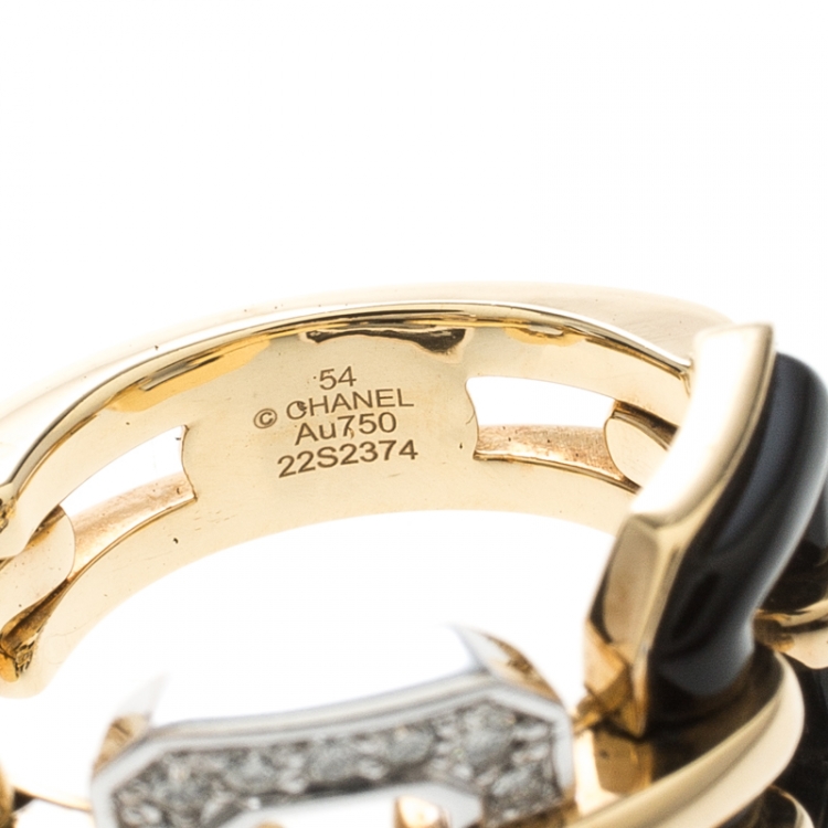 Pre Owned Chanel Première Diamond Onyx & 18K Yellow Gold Chain Link Ring Size 54