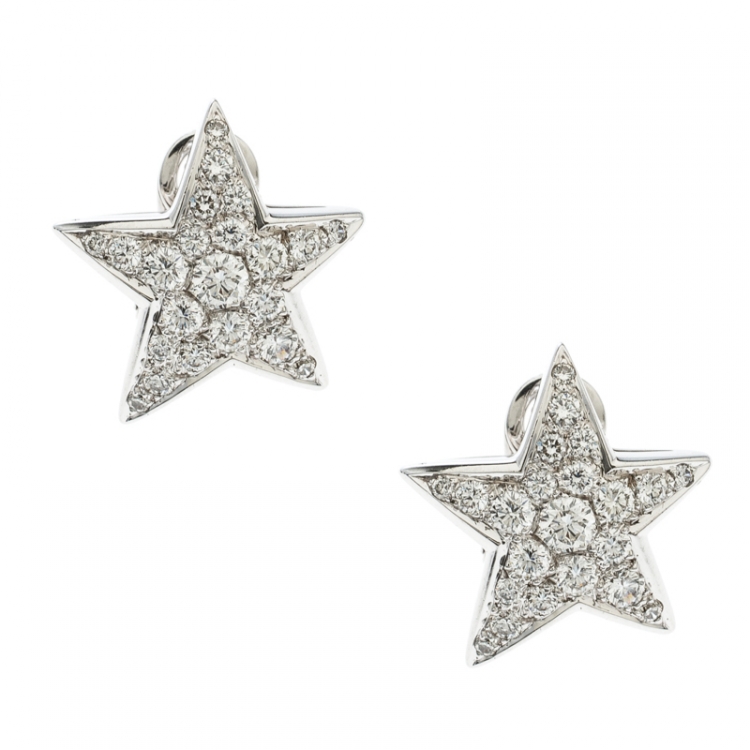 Pre Owned Chanel Comete Star Diamond 18k White Gold Stud Earrings 