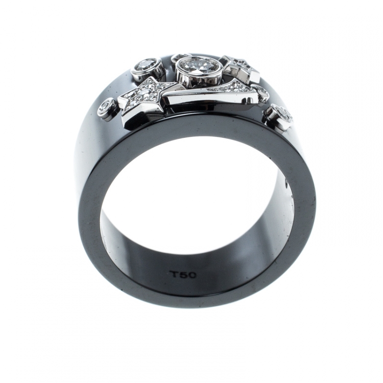 Pre Owned Chanel Cosmique de Chanel Diamond 18k White Gold Ceramic Band Ring Size 50