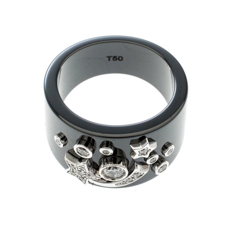Pre Owned Chanel Cosmique de Chanel Diamond 18k White Gold Ceramic Band Ring Size 50