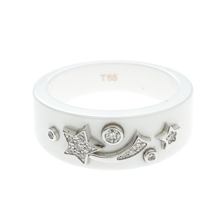 Chanel Cosmique de Chanel Diamond 18k White Gold Ceramic Band Ring Size 50