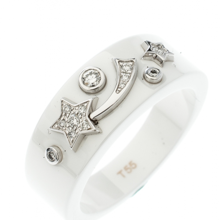 Pre Owned Chanel Cosmique de Chanel Diamond 18k White Gold Ceramic Band Ring Size 50