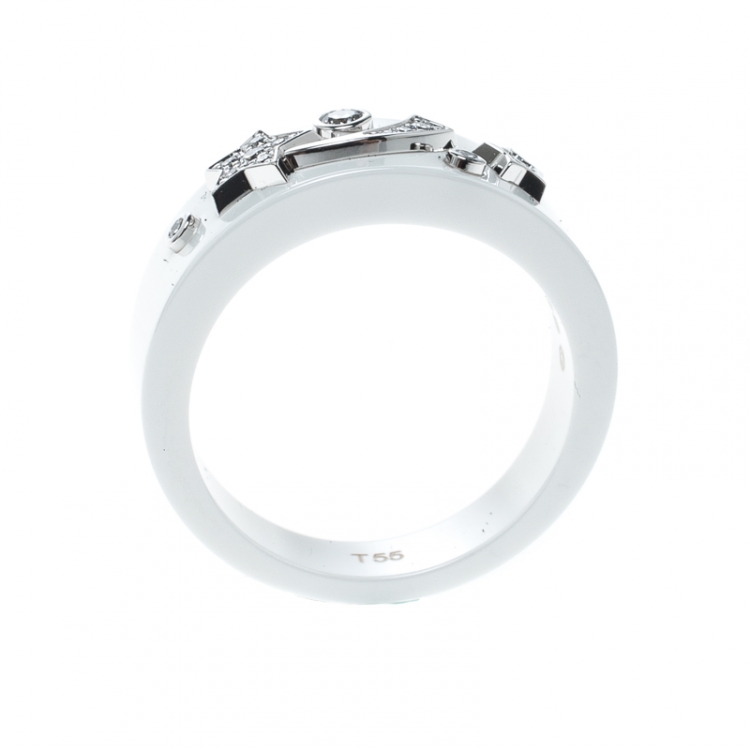 Pre Owned Chanel Cosmique de Chanel Diamond 18k White Gold Ceramic Band Ring Size 50