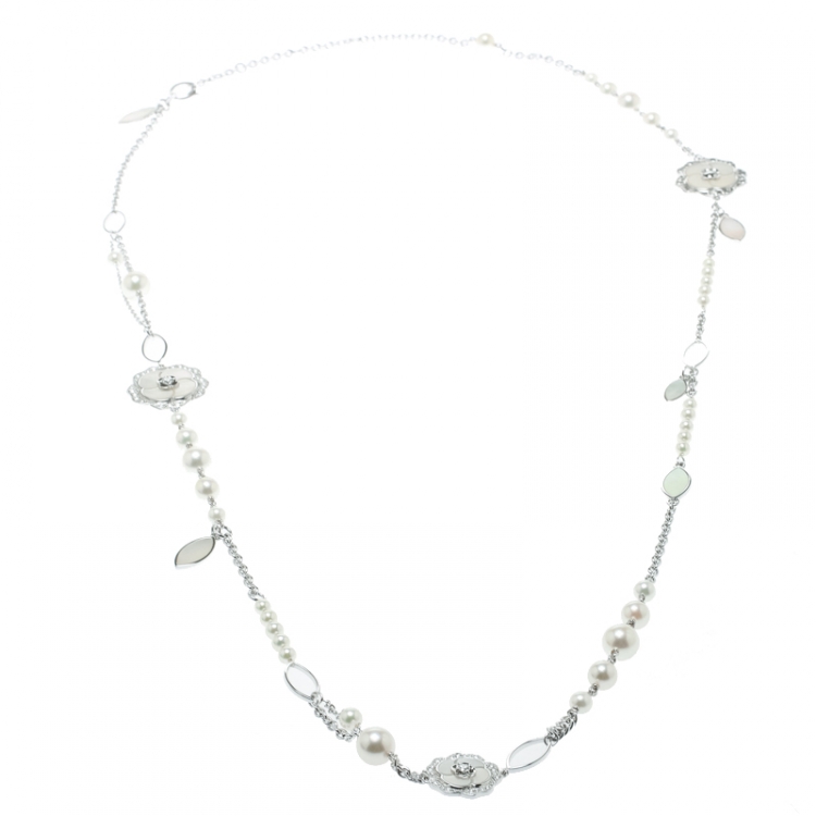 Chanel Pétales de Camélia Cultured Pearl Mother of Pearl & Diamond 18k  White Gold Long Necklace Chanel
