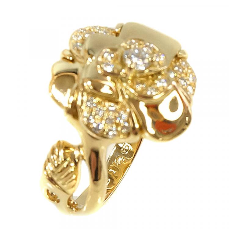 Pre Owned Chanel Camellia 18K Yellow Gold Diamond Ring Size 54
