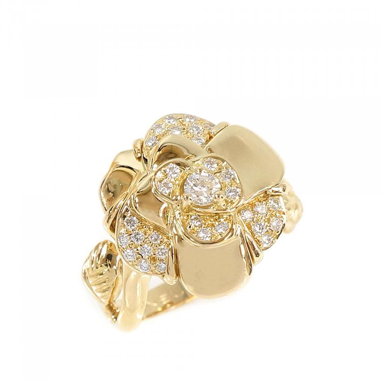 Pre Owned Chanel Camellia 18K Yellow Gold Diamond Ring Size 54