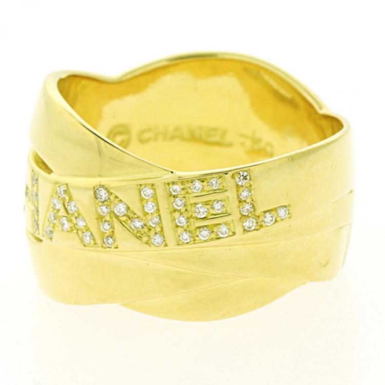 Pre Owned Chanel 18 K Yellow Gold Diamond Bolduc Ring Size 57