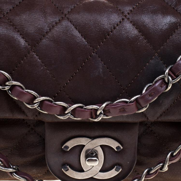 Pre Owned Chanel Choco Brown Iridescent Leather Classic Flap Bag