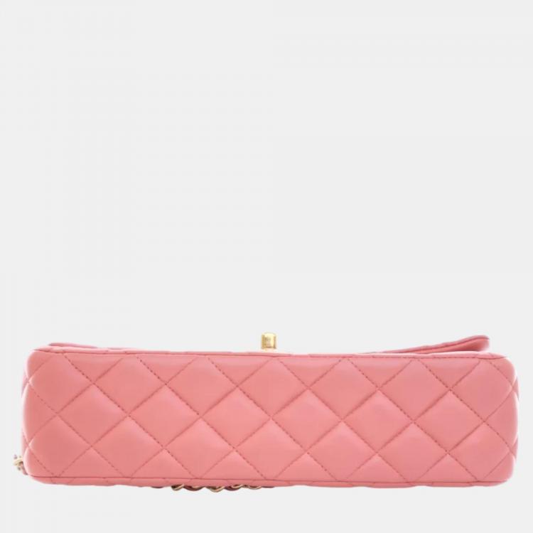 Pre Owned Chanel Peach Lambskin Leather Medium Classic Single Flap Valentine Charm Shoulder Bag