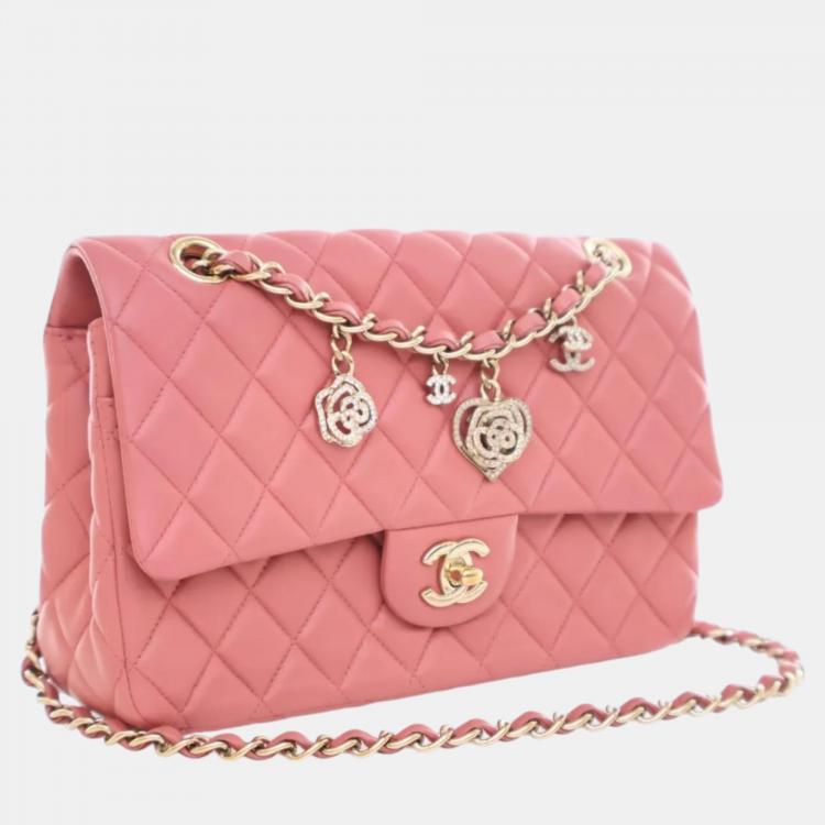 Pre Owned Chanel Peach Lambskin Leather Medium Classic Single Flap Valentine Charm Shoulder Bag