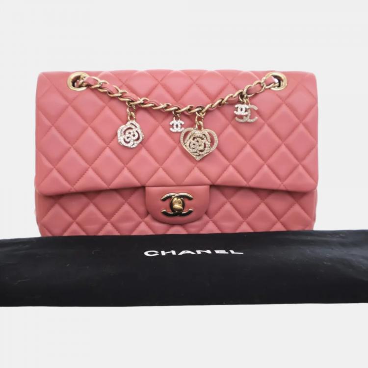 Pre Owned Chanel Peach Lambskin Leather Medium Classic Single Flap Valentine Charm Shoulder Bag