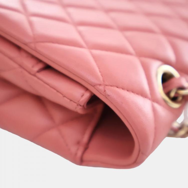 Pre Owned Chanel Peach Lambskin Leather Medium Classic Single Flap Valentine Charm Shoulder Bag