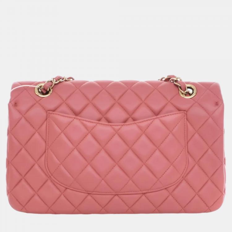 Pre Owned Chanel Peach Lambskin Leather Medium Classic Single Flap Valentine Charm Shoulder Bag