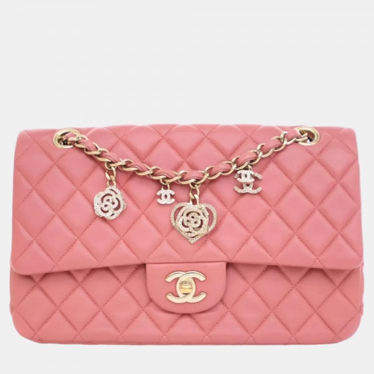 Pre Owned Chanel Peach Lambskin Leather Medium Classic Single Flap Valentine Charm Shoulder Bag