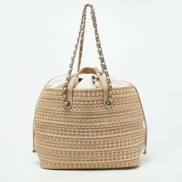 Pre Owned Chanel Beige Woven Straw and Leather Shopping Tote