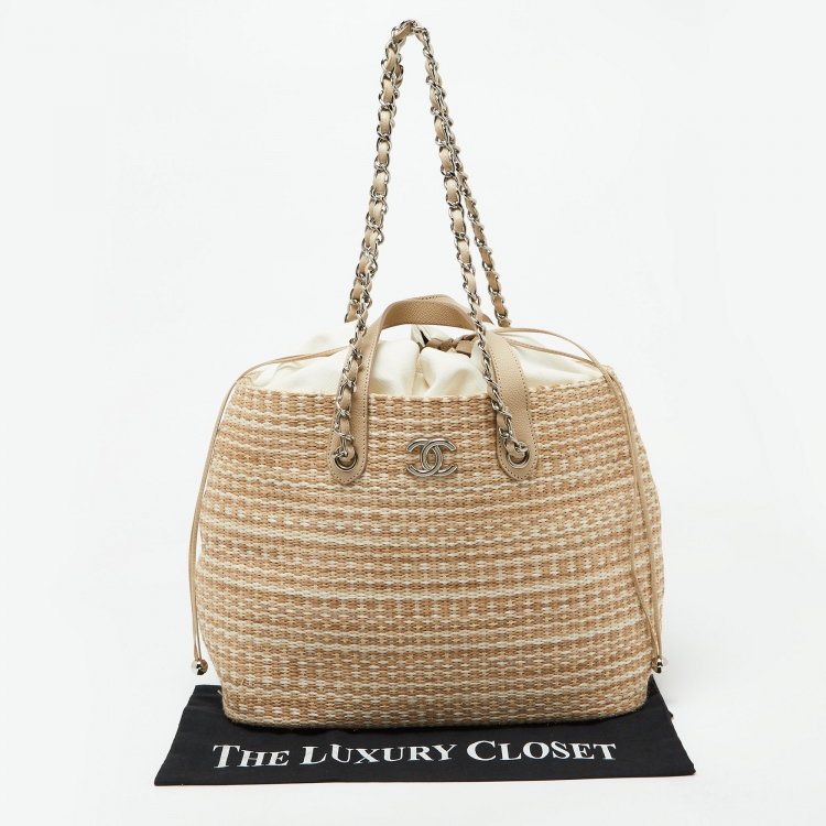 Pre Owned Chanel Beige Woven Straw and Leather Shopping Tote