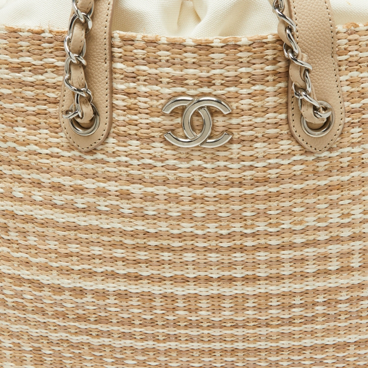 Pre Owned Chanel Beige Woven Straw and Leather Shopping Tote