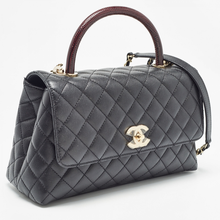 Pre Owned Chanel Black Quilted Caviar Leather and Lizard Embossed Small Coco Top Handle Bag