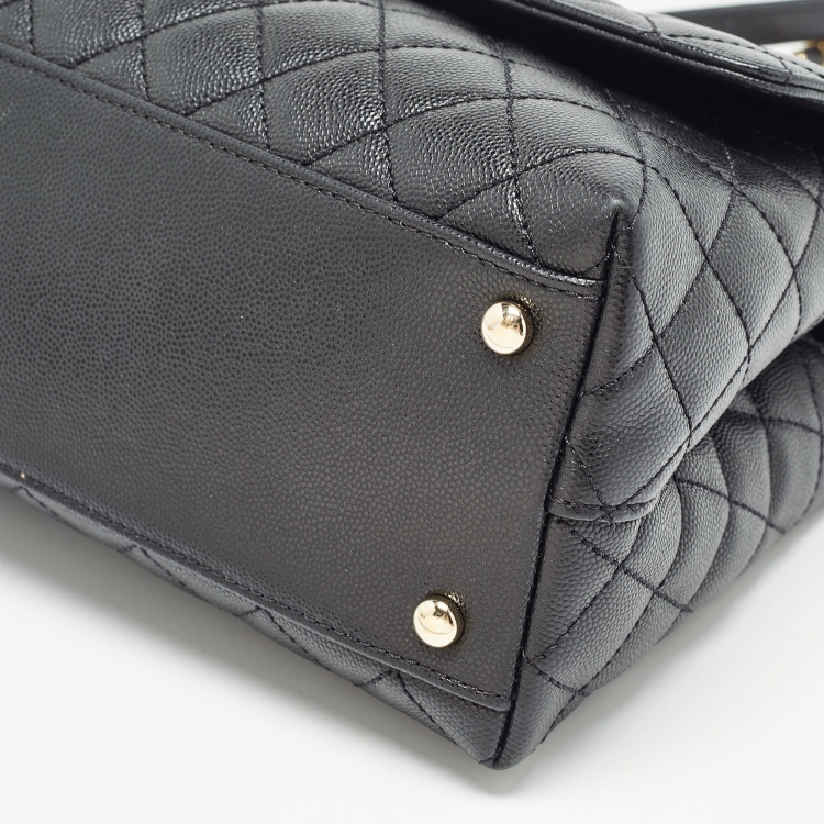 Pre Owned Chanel Black Quilted Caviar Leather and Lizard Embossed Small Coco Top Handle Bag