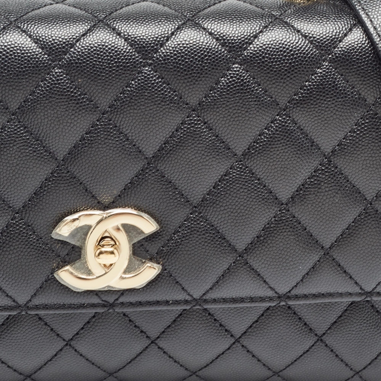 Pre Owned Chanel Black Quilted Caviar Leather and Lizard Embossed Small Coco Top Handle Bag