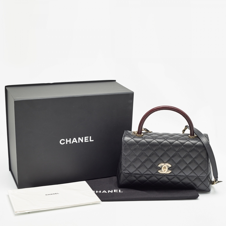 Pre Owned Chanel Black Quilted Caviar Leather and Lizard Embossed Small Coco Top Handle Bag