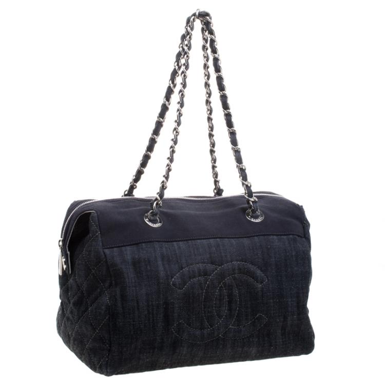 Pre Owned Chanel Navy Blue Quilted Denim CC Bowling Bag