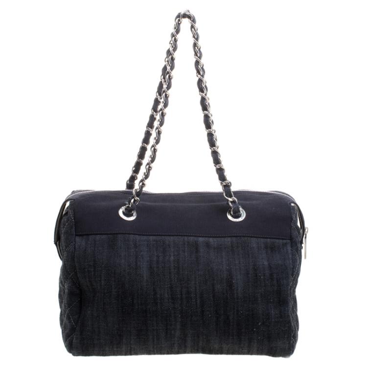 Pre Owned Chanel Navy Blue Quilted Denim CC Bowling Bag