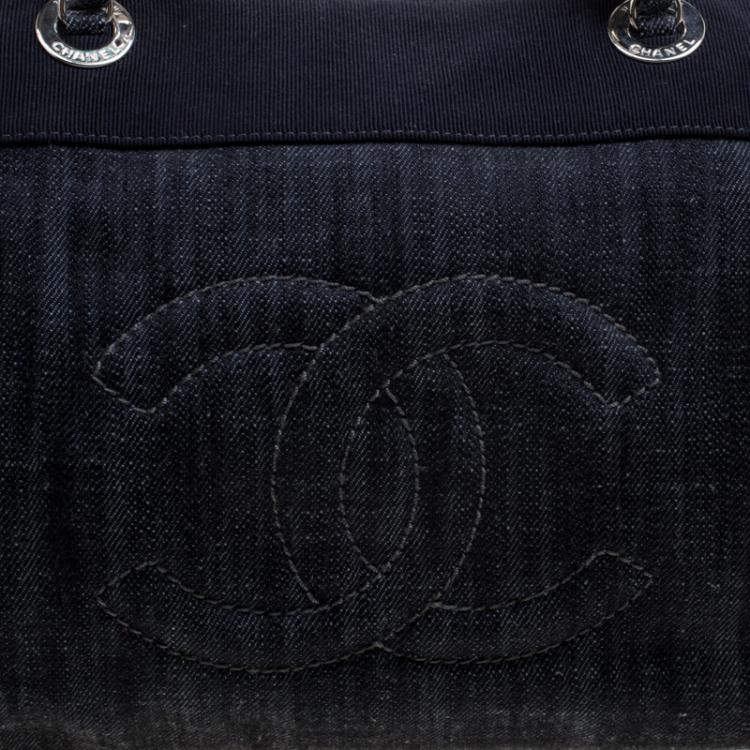 Pre Owned Chanel Navy Blue Quilted Denim CC Bowling Bag