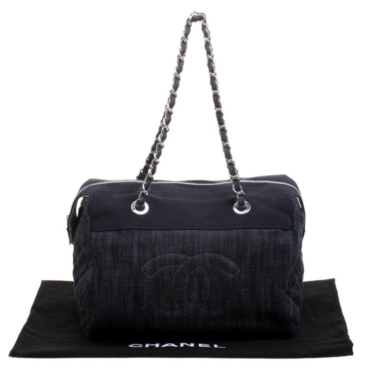 Pre Owned Chanel Navy Blue Quilted Denim CC Bowling Bag